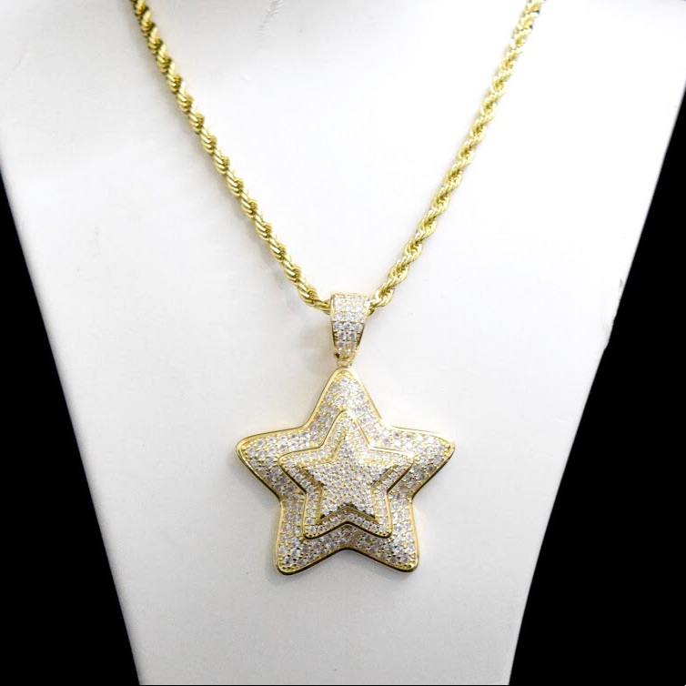 14k Gold Finish Lab Diamond 3d Star Charm Chain